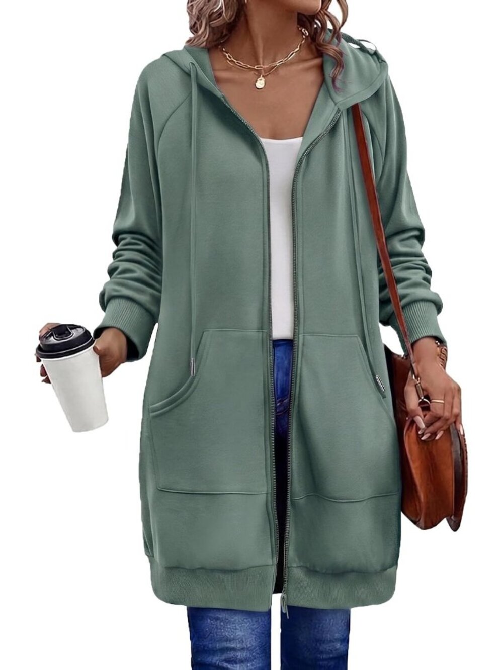 Women's Grey Green Oversized Fleece Tunic Hoodie Full Zip Kangaroo Pocket